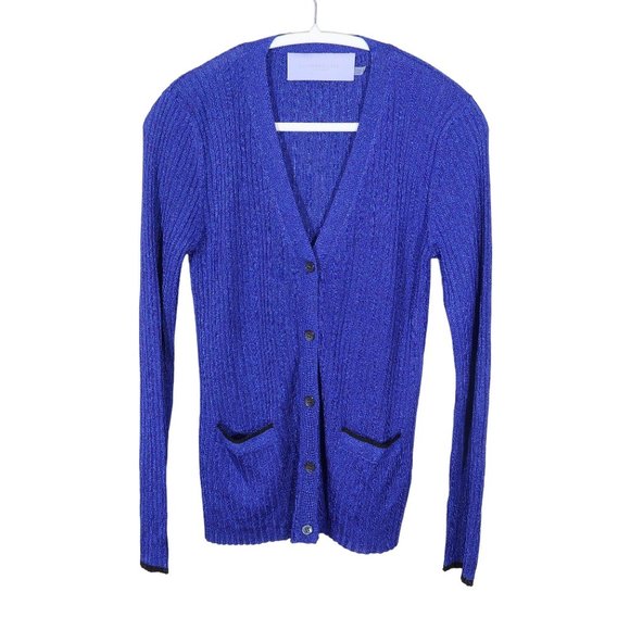 Vera Wang Sweaters - VERA WANG LAVENDER LABEL Y2K Metallic Tipped Rib Knit Caridigan Size L Purple